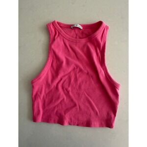 Zara Womens Hot Pink Ribbed Knit High Neck Racerback Crop Tank Top Large
